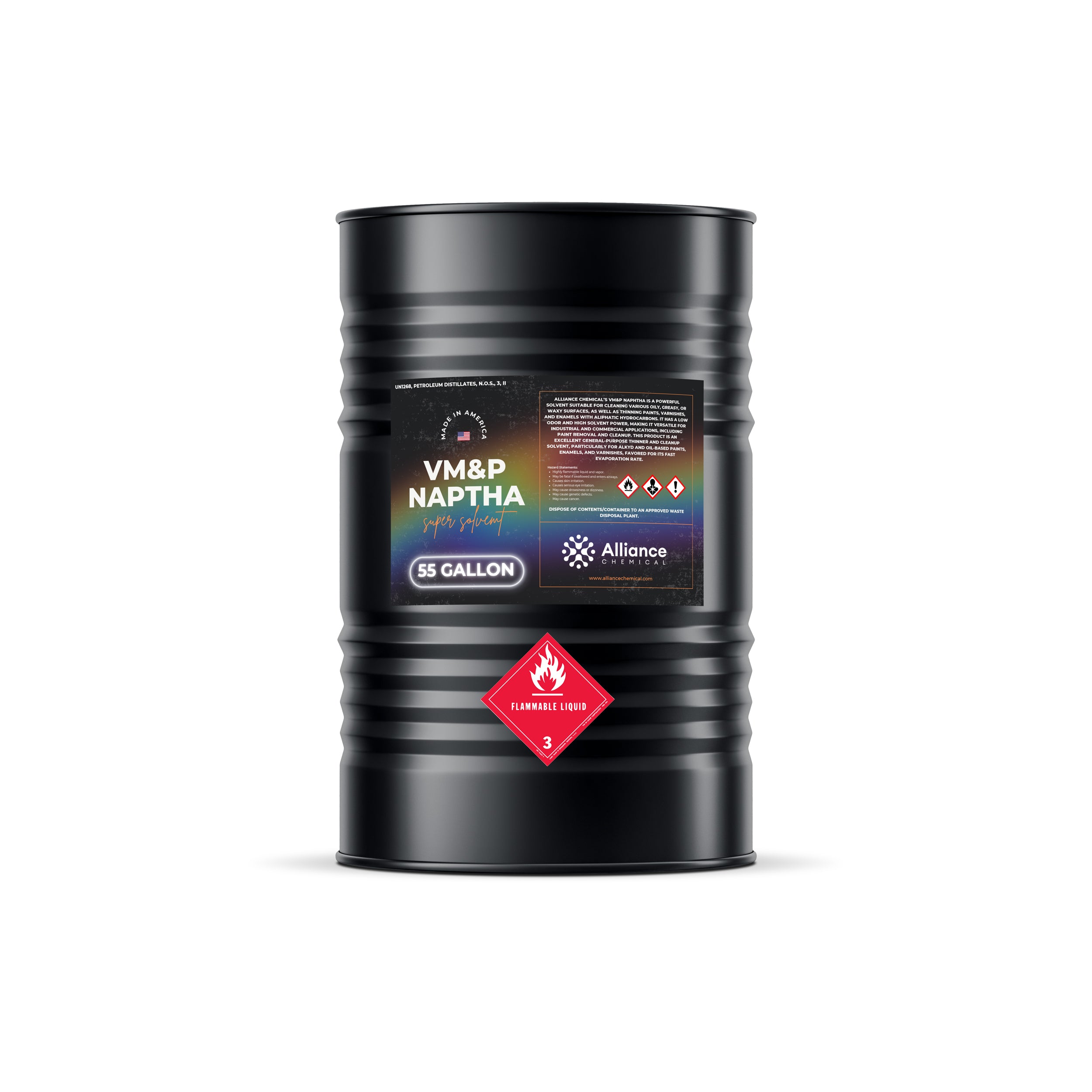 55-gallon black steel drum of VM&P Naptha solvent by Alliance Chemical, featuring flammable liquid Class 3 warning diamond and industrial safety labeling.